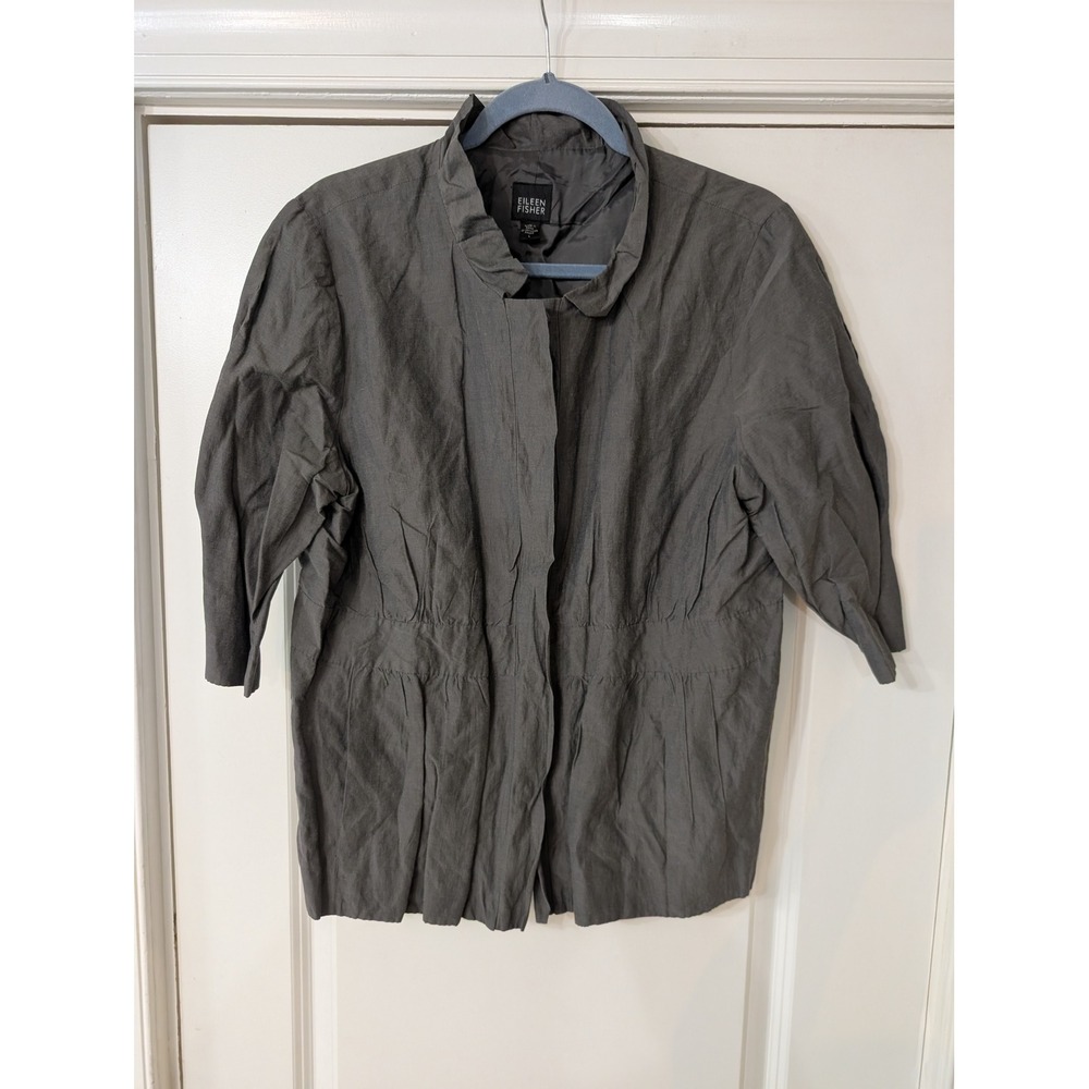 Eileen Fisher Womens Gray Metallic Crinkle Funnel Neck Snap Jacket Size‎ L